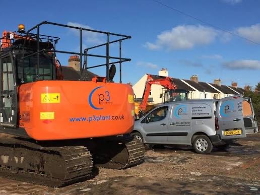 Two P3 Plant excavators and two branded vans on site.